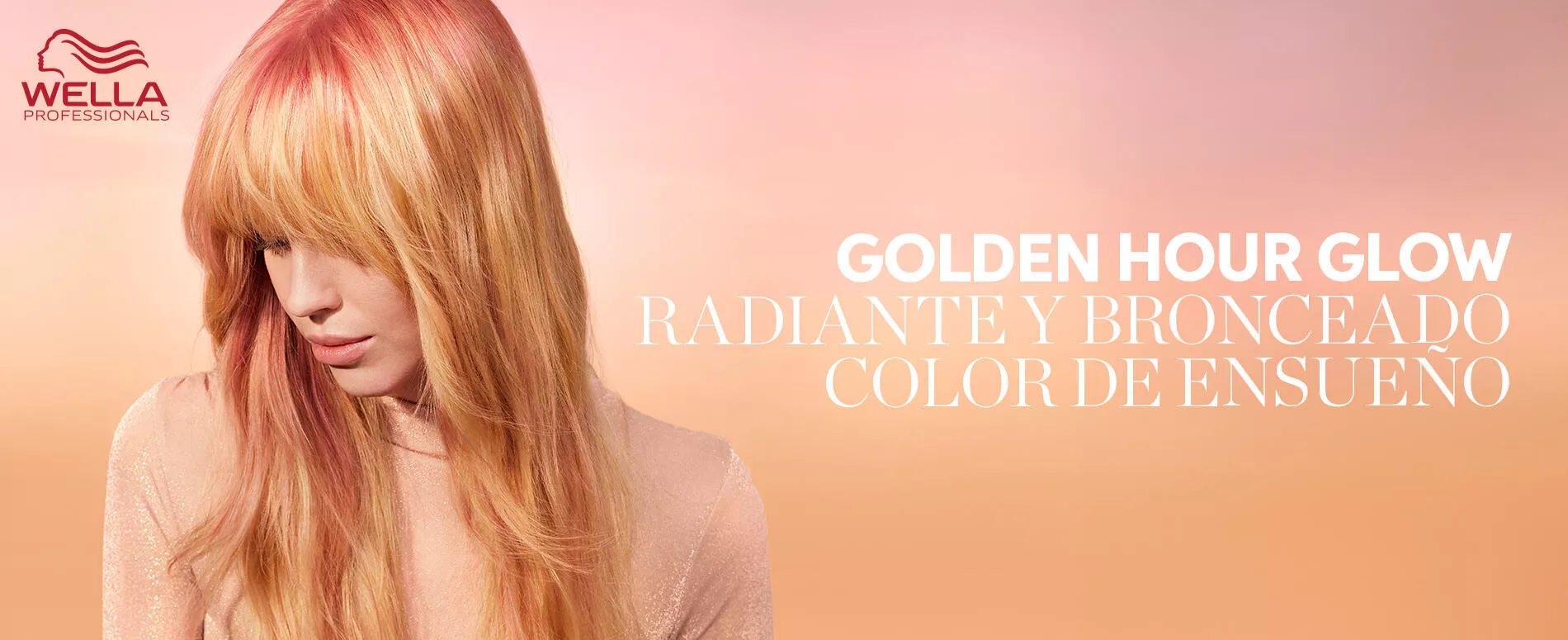 Banner Golden Hour Glow con mujeres de cabello rosa melocotón degradado sobre fondo melocotón degradado