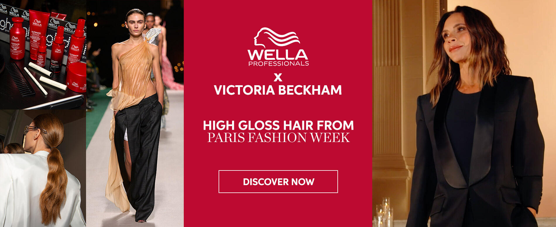 Collage of images from Victoria Beckham SS25 Paris Fashion Week and Wella Professionals products