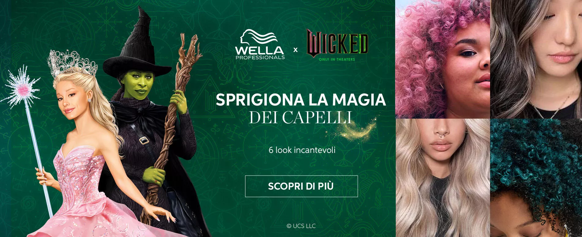 Immagine di Ariana Grande nei panni di Glinda e Cynthia Erivo nei panni di Elphaba dal film in uscita Wicked, accanto a un collage di 4 look capelli di Wella Professionals