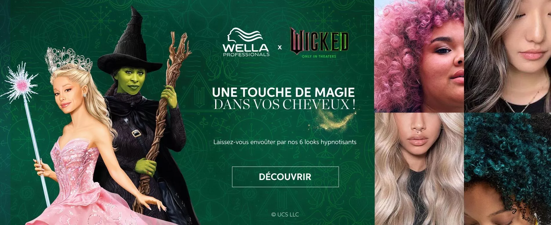 Image d’Ariana Grande dans le rôle de Glinda et Cynthia Erivo dans celui d’Elphaba dans le prochain film Wicked, à côté d’un collage de 4 coiffages réalisés avec Wella Professionals.