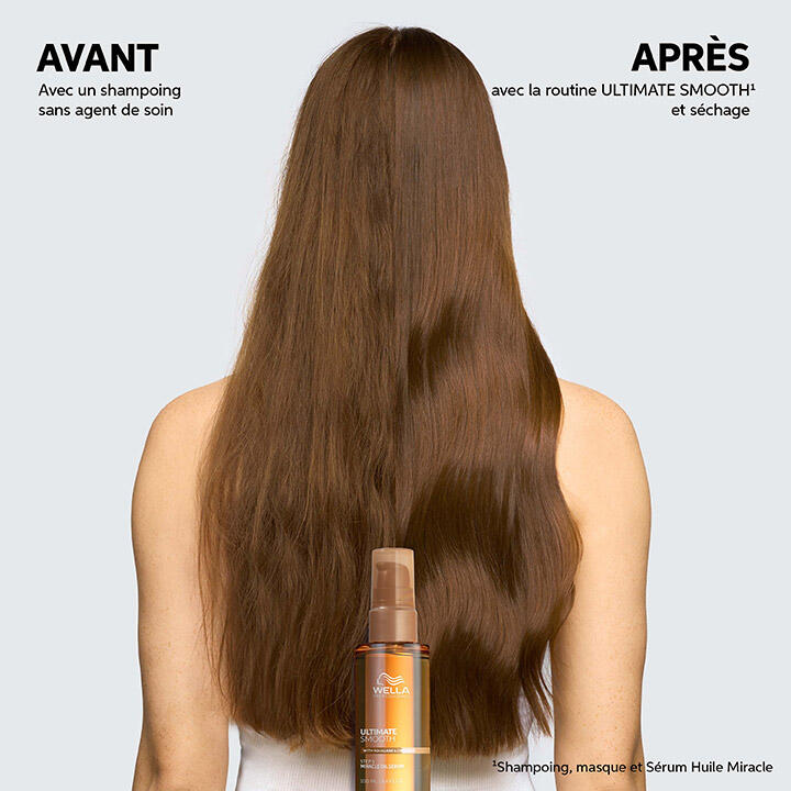 Avant et après des cheveux bruns traités avec le Sérum Huile Miracle Ultimate Smooth de Wella Professionals.