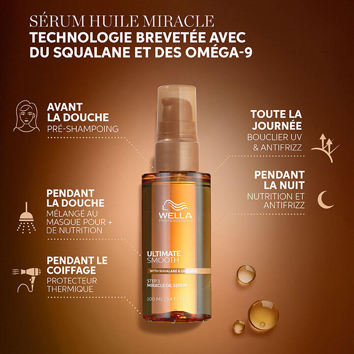 Golden bottle of Miracle Oil Serum from Ultimate Smooth by Wella Professionals and 6 ways of using the product